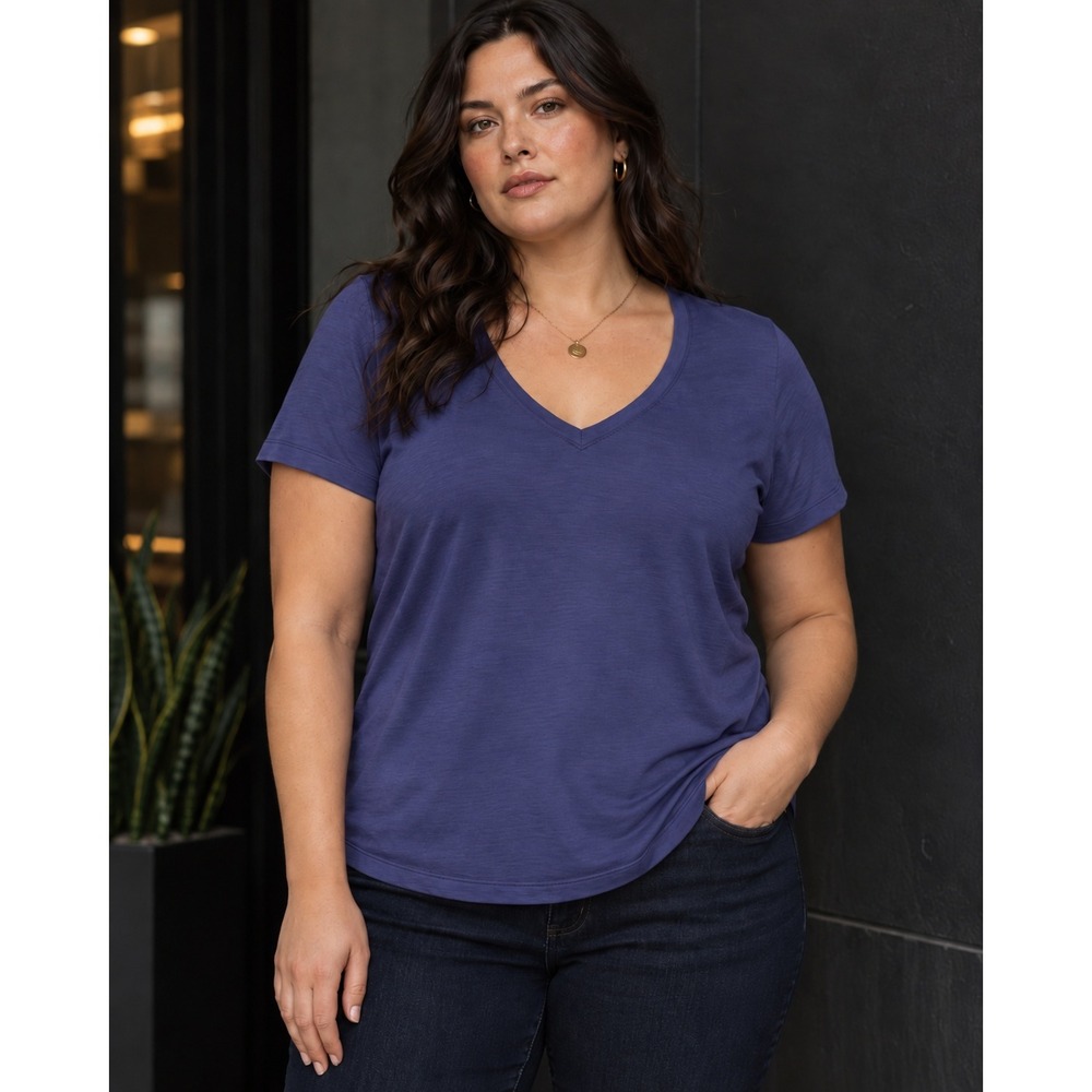wool& wool and Morgan Signature 160 Merino Wool V-Neck Tee Iris Blue 2X